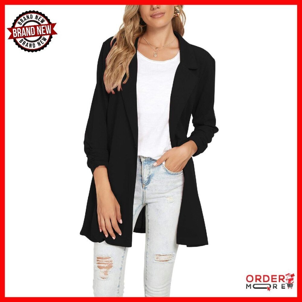 Lightweight 3/4 Sleeve Blazer Notch Lapel Button Front Business Casual